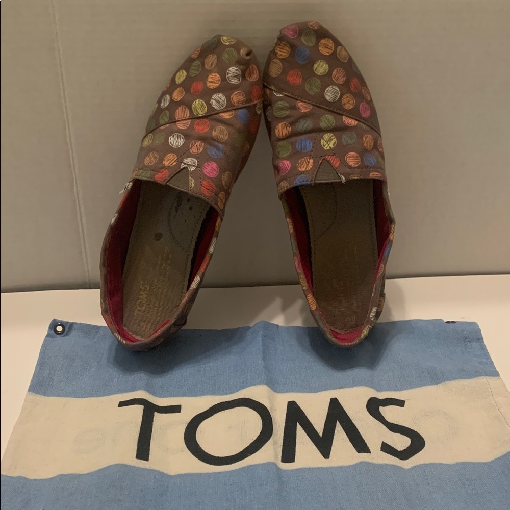 TOMs Brown Canvas Slip on Flats Colorful Polka Dots with Dust Bag Women’s Size 8